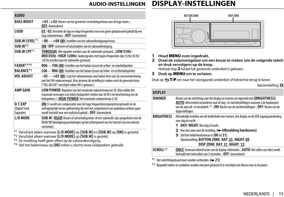 W LEVEL *1 08 +08 (00): Instellen van het subwooferuitgangsniveau. SUB.W *2 ON / OFF: Activeren of uitschakelen van de subwooferuitgang. SUB.W LPF *1 THROUGH: Alle signalen worden naar de subwoofer gestuurd.