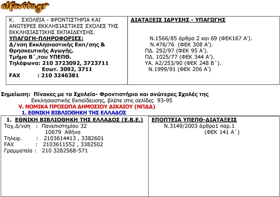alfavita.gr: Διευθύνσεις και τηλέφωνα όλων των φορέων υπηρεσιών που  υπάγονται στο ΥΠΕΠΘ - PDF Free Download