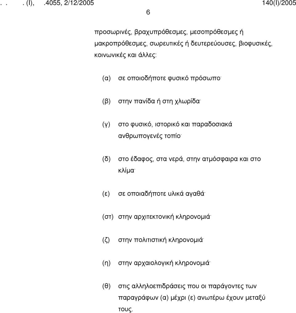 (δ) στο έδαφος, στα νερά, στην ατμόσφαιρα και στο κλίμα. (ε) σε οποιαδήποτε υλικά αγαθά. (στ) στην αρχιτεκτονική κληρονομιά.