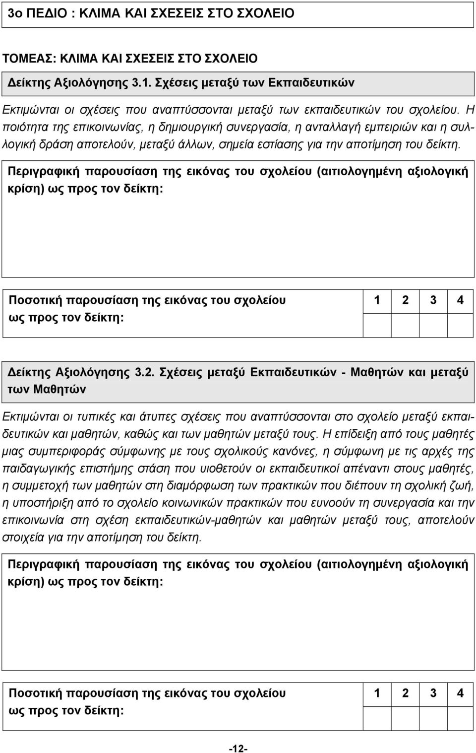 Η ποιότητα της επικοινωνίας, η δημιουργική συνεργασία, η ανταλλαγή εμπειριών και η συλλογική δράση αποτελούν, μεταξύ άλλων, σημεία εστίασης για την αποτίμηση του δείκτη. Δείκτης Αξιολόγησης 3.2.