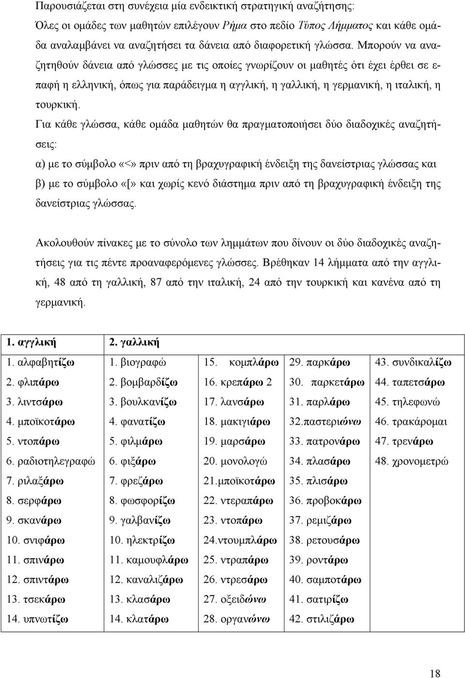 Για κάθε γλώσσα, κάθε ομάδα μαθητών θα πραγματοποιήσει δύο διαδοχικές αναζητήσεις: α) με το σύμβολο «<» πριν από τη βραχυγραφική ένδειξη της δανείστριας γλώσσας και β) με το σύμβολο «[» και χωρίς