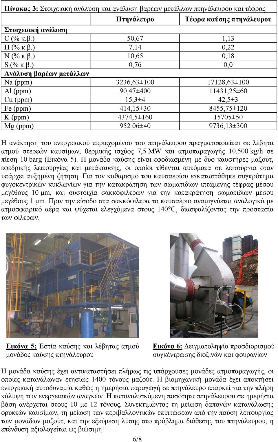 06±40 9736,13±300 Η ανάκτηση του ενεργειακού περιεχομένου του πτηνάλευρου πραγματοποιείται σε λέβητα ατμού στερεών καυσίμων, θερμικής ισχύος 7,5 MW και ατμοπαραγωγής 10.