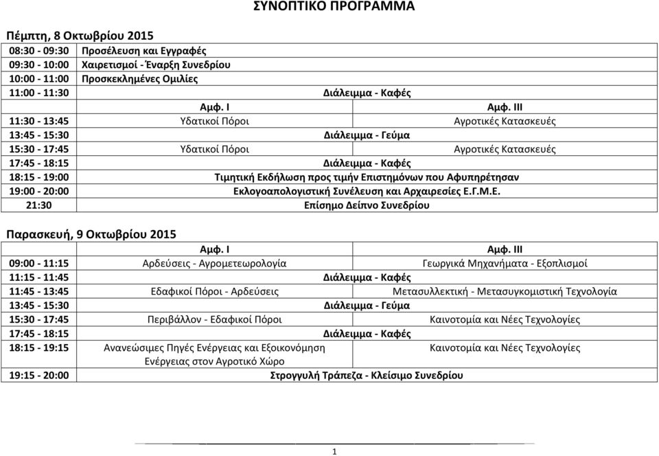 Επιστημόνων που Αφυπηρέτησαν 19:00-20:00 Εκλογοαπολογιστική Συνέλευση και Αρχαιρεσίες Ε.Γ.Μ.Ε. 21:30 Επίσημο Δείπνο Συνεδρίου Παρασκευή, 9 Οκτωβρίου 2015 ΙΙ 09:00-11:15 Αρδεύσεις - Αγρομετεωρολογία