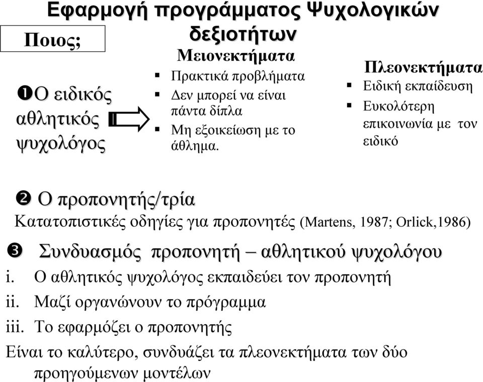 Πλεονεκτήματα Ειδική εκπαίδευση Ευκολότερη επικοινωνία με τον ειδικό Κατατοπιστικές οδηγίες για προπονητές (Martens, 1987; Orlick,1986)