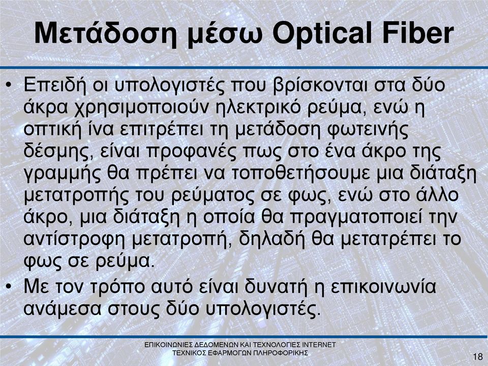 τοποθετήσουμε μια διάταξη μετατροπής του ρεύματος σε φως, ενώ στο άλλο άκρο, μια διάταξη η οποία θα πραγματοποιεί την