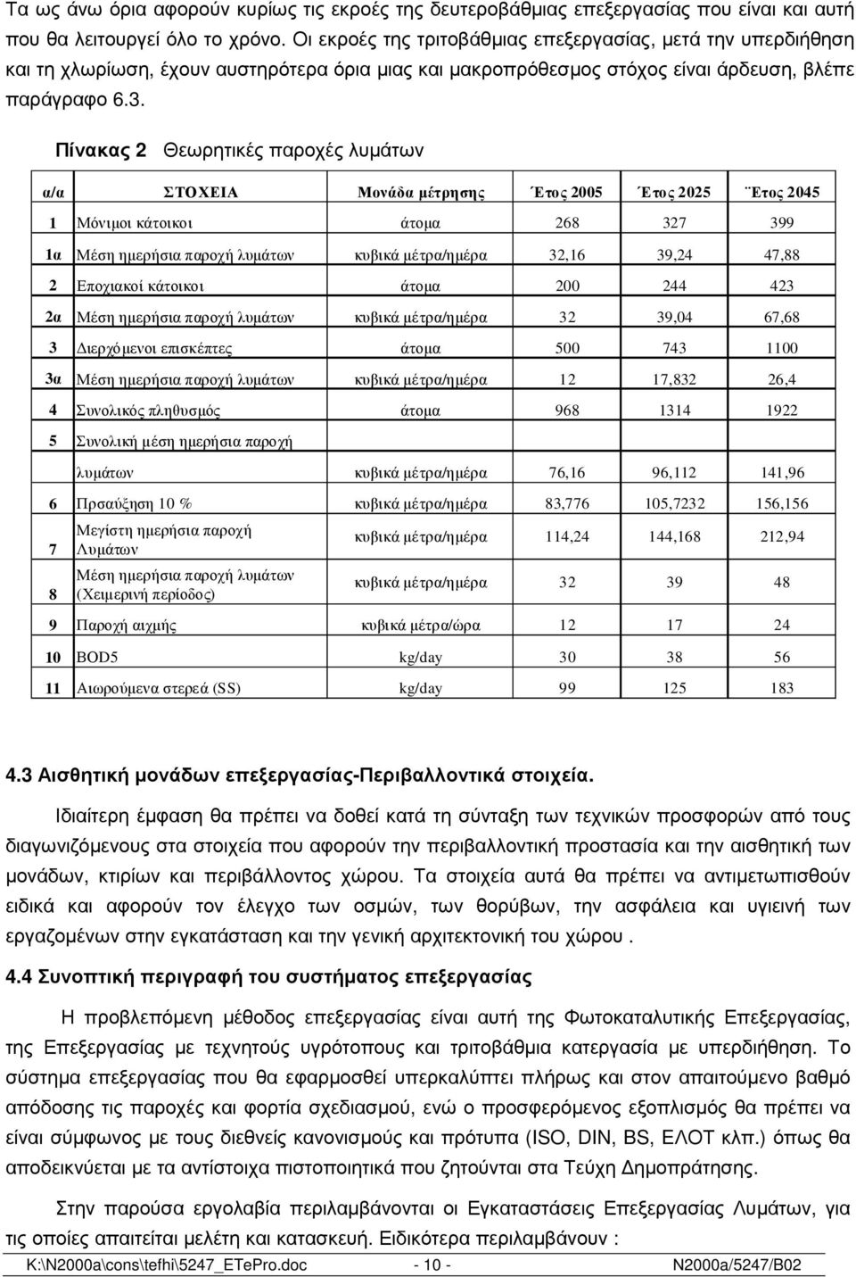 Πίνακας 2 Θεωρητικές παροχές λυµάτων α/α ΣΤΟΧΕΙΑ Μονάδα µέτρησης Έτος 2005 Έτος 2025 Ετος 2045 1 Μόνιµοι κάτοικοι άτοµα 268 327 399 1α Μέση ηµερήσια παροχή λυµάτων κυβικά µέτρα/ηµέρα 32,16 39,24