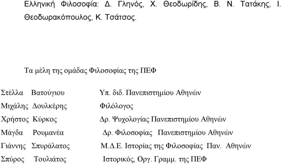 Πανεπιστημίου Αθηνών Μιχάλης Δουλκέρης Φιλόλογος Χρήστος Κύρκος Δρ.