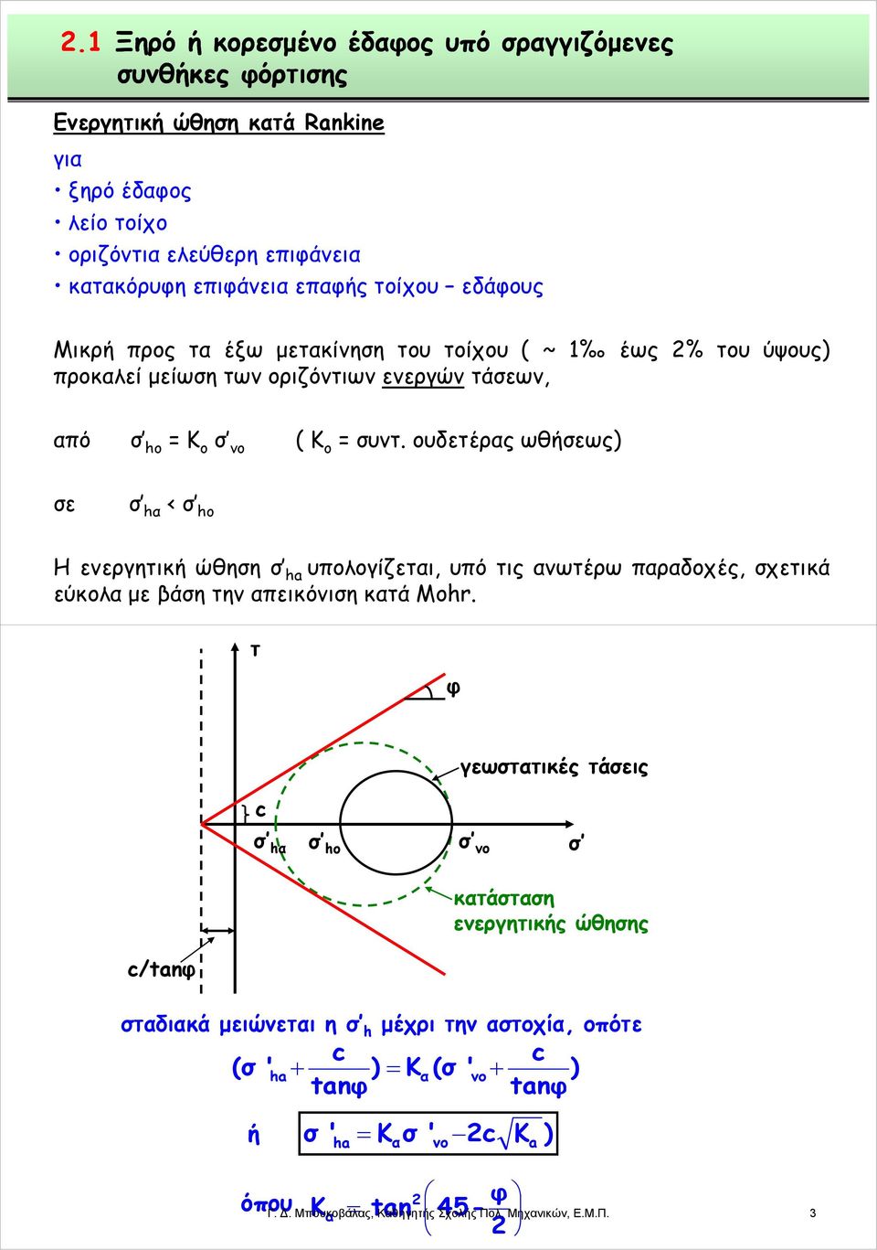 ουδετέρας ωθήσεως) σε σ hα < σ ho Ηενεργητικήώθησησ ha υπολογίζεται, υπό τις ανωτέρω παραδοχές, σχετικά εύκολα με βάση την απεικόνιση κατά Mohr.