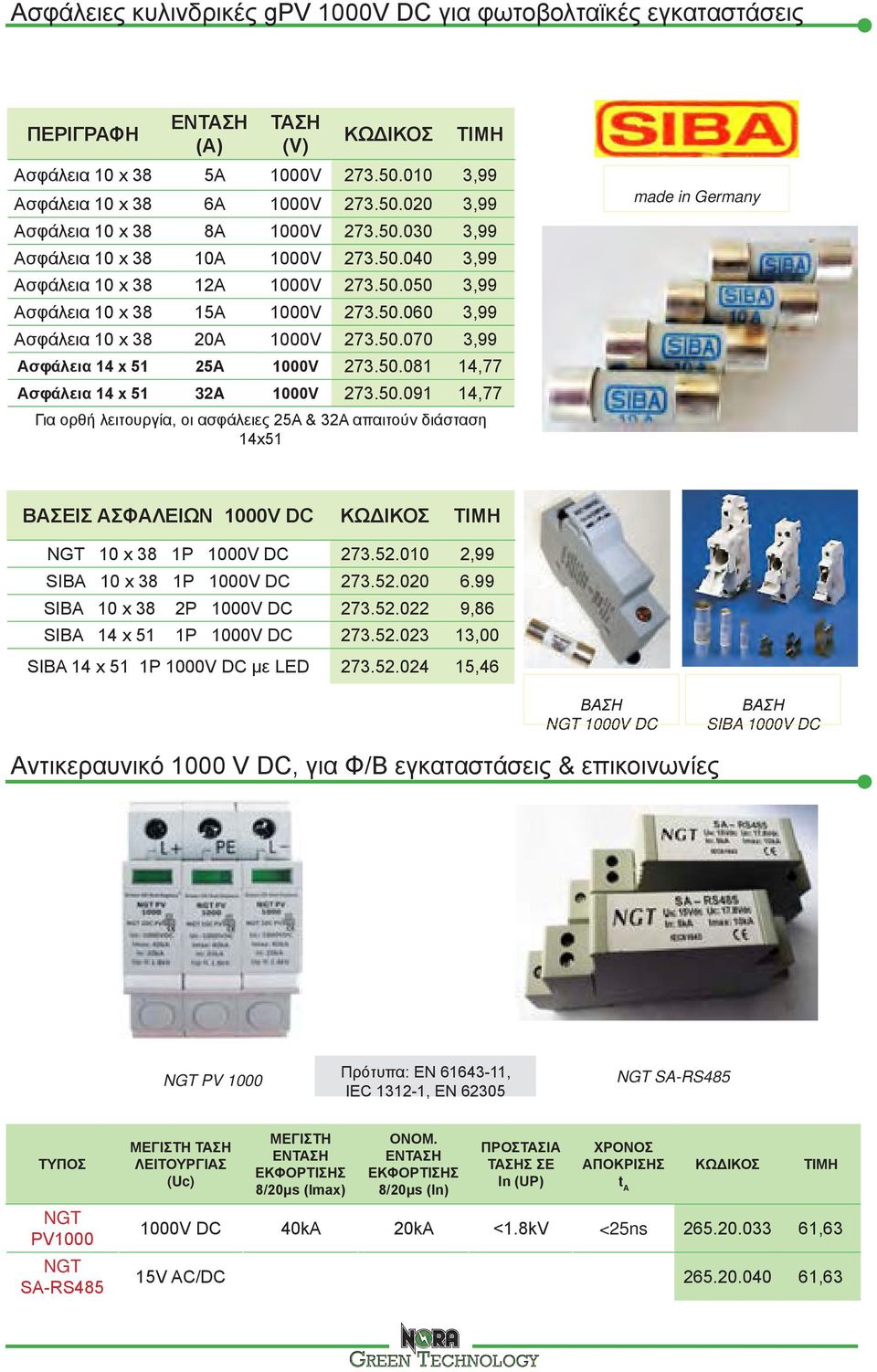 50.081 14,77 Ασφάλεια 14 x 51 32A 1000V 273.50.091 14,77 Για ορθή λειτουργία, οι ασφάλειες 25Α & 32Α απαιτούν διάσταση 14x51 made in Germany ΒΑΣΕΙΣ ΑΣΦΑΛΕΙΩΝ 1000V DC ΚΩΔΙΚΟΣ ΤΙΜΗ NGT 10 x 38 1Ρ 1000V DC 273.