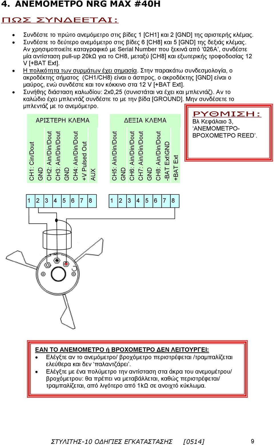 Αν χρησιμοποιείτε καταγραφικό με Serial Number που ξεκινά από 026A, συνδέστε μία αντίσταση pull-up 20kΩ για το CH8, μεταξύ [CH8] και εξωτερικής τροφοδοσίας 12 V [+BAT Ext].