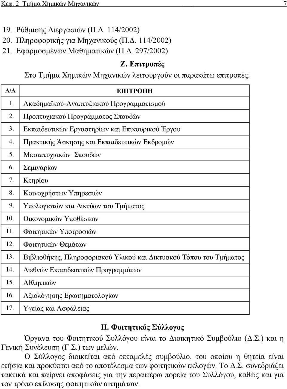 Εκπαιδευτικών Εργαστηρίων και Επικουρικού Έργου 4. Πρακτικής Άσκησης και Εκπαιδευτικών Εκδρομών 5. Μεταπτυχιακών Σπουδών 6. Σεμιναρίων 7. Κτηρίου 8. Κοινοχρήστων Υπηρεσιών 9.