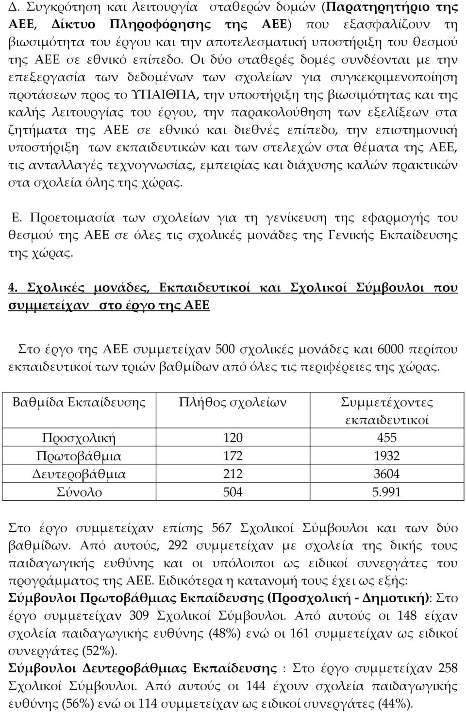 Οι δύο σταθερές δομές συνδέονται με την επεξεργασία των δεδομένων των σχολείων για συγκεκριμενοποίηση προτάσεων προς το ΥΠΑΙΘΠΑ, την υποστήριξη της βιωσιμότητας και της καλής λειτουργίας του έργου,