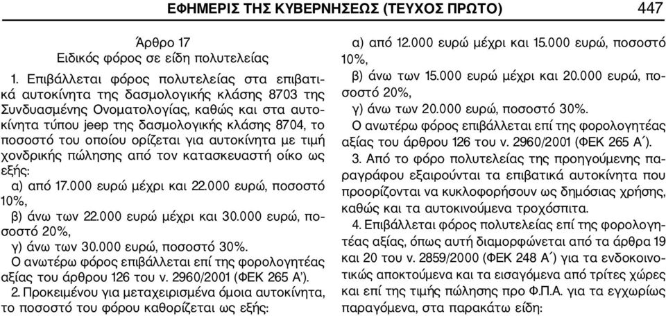οποίου ορίζεται για αυτοκίνητα µε τιµή χονδρικής πώλησης από τον κατασκευαστή οίκο ως εξής: α) από 17.000 ευρώ µέχρι και 22.000 ευρώ, ποσοστό 10%, β) άνω των 22.000 ευρώ µέχρι και 30.
