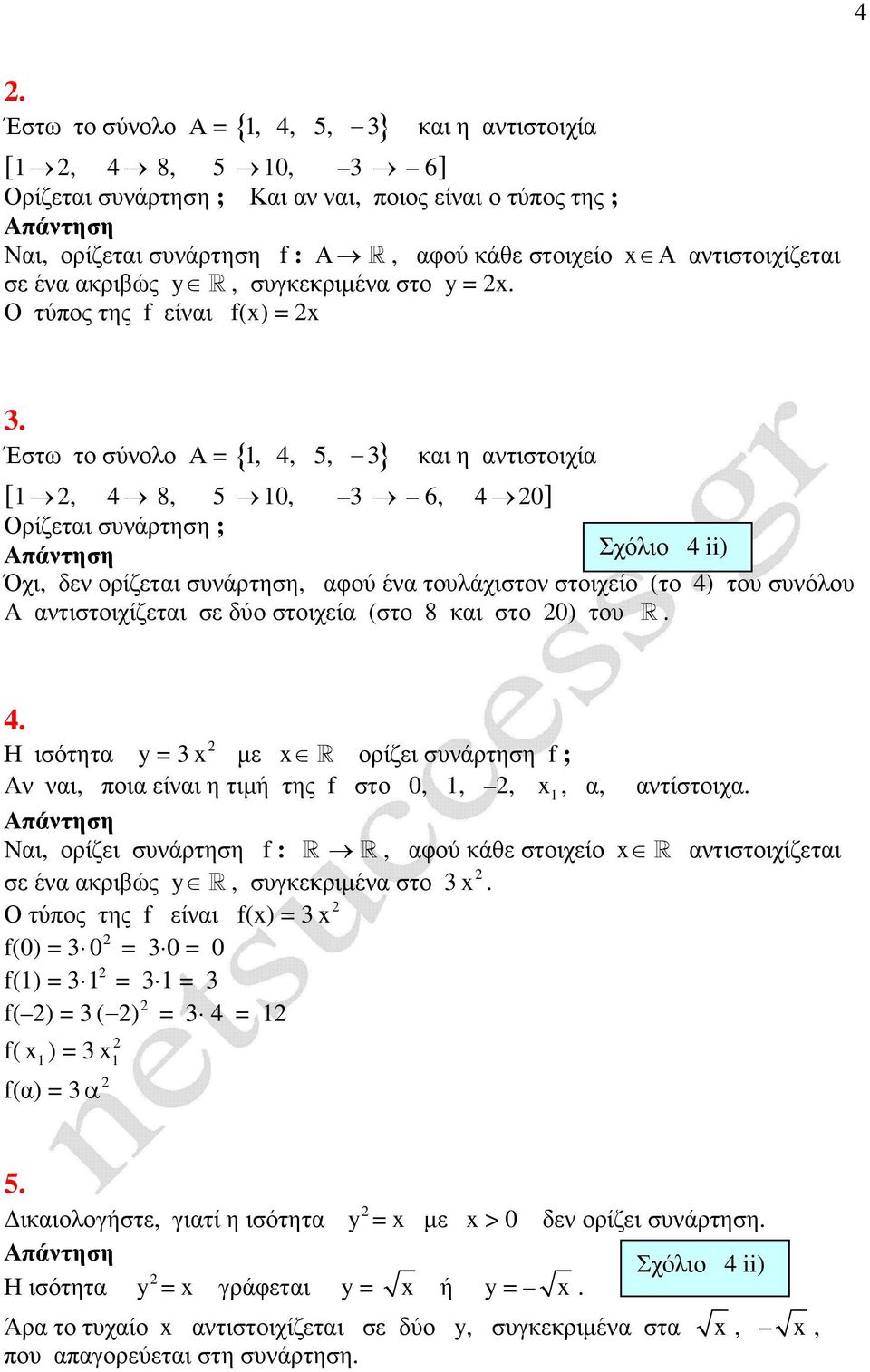 Έστω το σύνολο Α = {, 4, 5, 3} και η αντιστοιχία [, 4 8, 5 0, 3 6, 4 0] Ορίζεται συνάρτηση ; Σχόλιο 4 ii) Όχι, δεν ορίζεται συνάρτηση, αφού ένα τουλάχιστον στοιχείο (το 4) του συνόλου Α