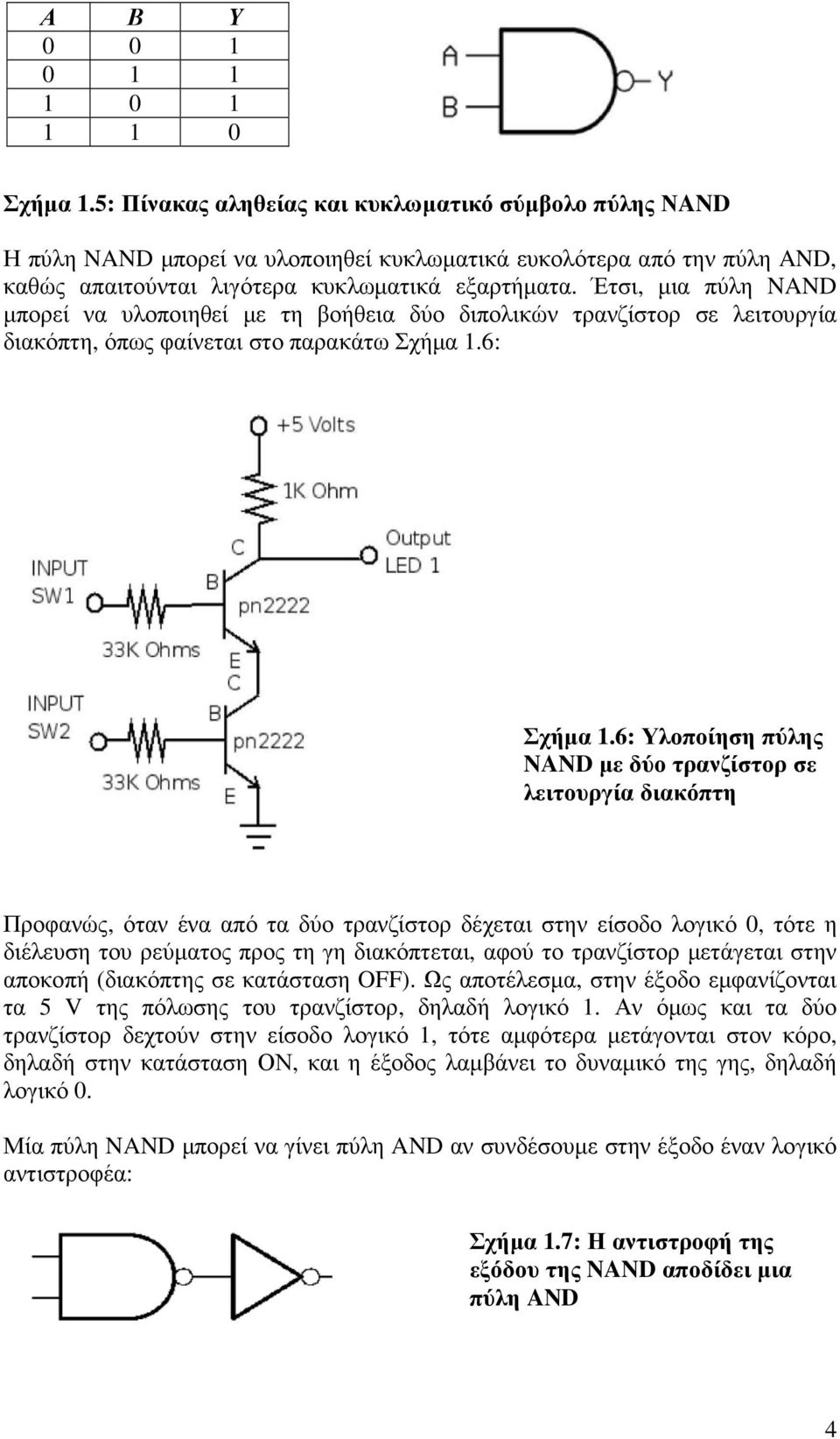 Έτσι, µια πύλη NAND µπορεί να υλοποιηθεί µε τη βοήθεια δύο διπολικών τρανζίστορ σε λειτουργία διακόπτη, όπως φαίνεται στο παρακάτω Σχήµα.6: Σχήµα.