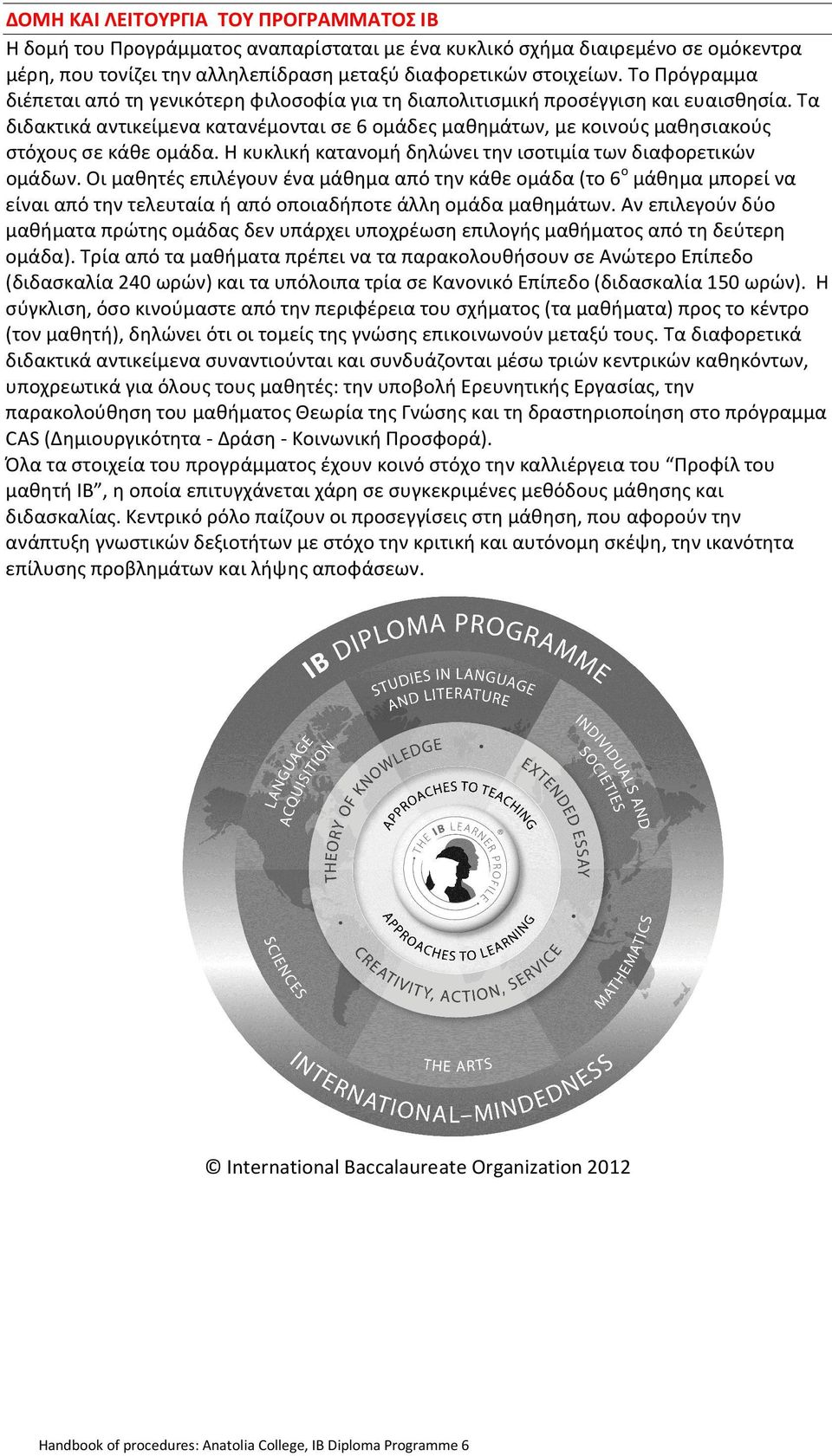 Τα διδακτικά αντικείμενα κατανέμονται σε 6 ομάδες μαθημάτων, με κοινούς μαθησιακούς στόχους σε κάθε ομάδα. Η κυκλική κατανομή δηλώνει την ισοτιμία των διαφορετικών ομάδων.