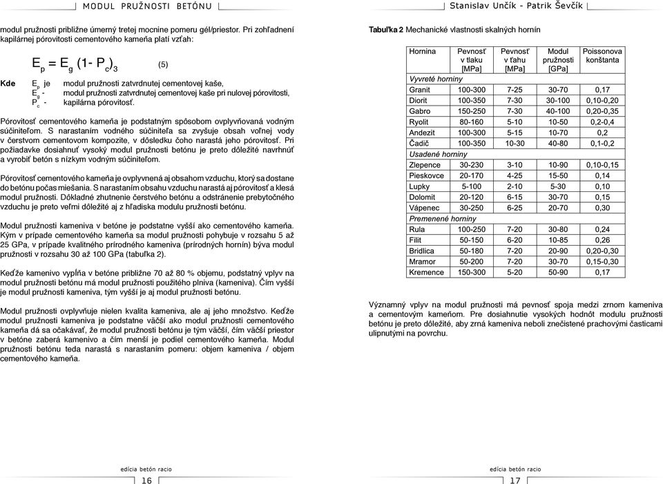 E g - modul pružnosti zatvrdnutej cementovej kaše pri nulovej pórovitosti, P c - kapilárna pórovitosť. Pórovitosť cementového kameňa je podstatným spôsobom ovplyvňovaná vodným súčiniteľom.