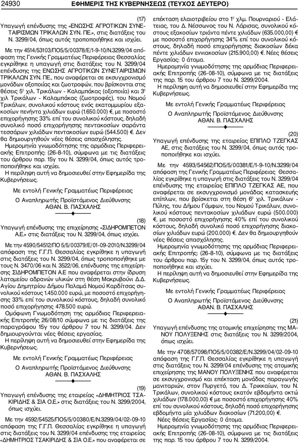 3299/04 επένδυσης της ΕΝΩΣΗΣ ΑΓΡΟΤΙΚΩΝ ΣΥΝΕΤΑΙΡΙΣΜΩΝ ΤΡΙΚΑΛΩΝ ΣΥΝ. ΠΕ., που αναφέρεται σε εκσυγχρονισμό μονάδων οξοποιίας και ζωοτροφών, που βρίσκονται στις θέσεις 5 χιλ.