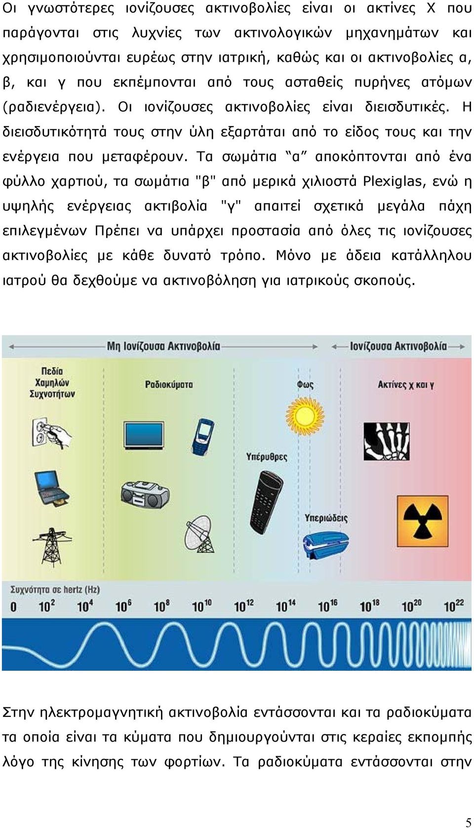 Τα σωµάτια α αποκόπτονται από ένα φύλλο χαρτιού, τα σωµάτια "β" από µερικά χιλιοστά Plexiglas, ενώ η υψηλής ενέργειας ακτιβολία "γ" απαιτεί σχετικά µεγάλα πάχη επιλεγµένων Πρέπει να υπάρχει προστασία