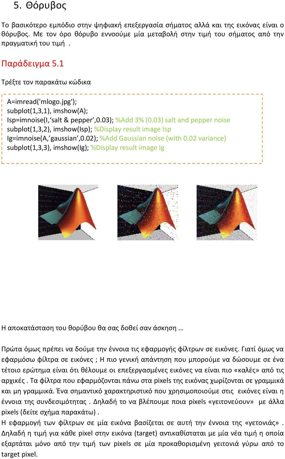 03) salt and pepper noise subplot(1,3,2), imshow(isp); %Display result image Isp Ig=imnoise(Α, gaussian,0.02); %Add Gaussian noise (with 0.