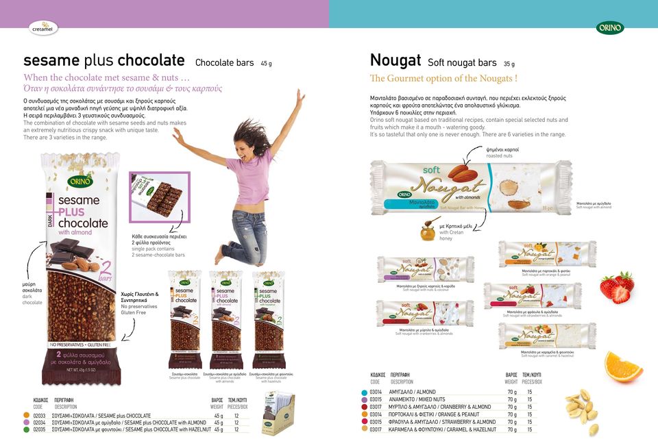There are 3 varieties in the range. Chocolate bars 45 g Nougat Soft nougat bars 35 g The Gourmet option of the Nougats!