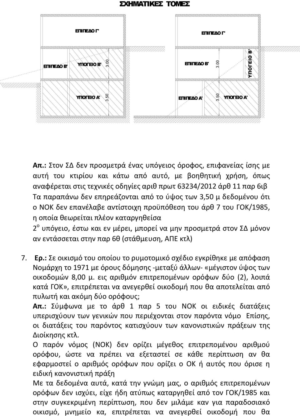 παραπάνω δεν επηρεάζονται από το ύψος των 3,50 μ δεδομένου ότι ο ΝΟΚ δεν επανέλαβε αντίστοιχη προϋπόθεση του άρθ 7 του ΓΟΚ/1985, η οποία θεωρείται πλέον καταργηθείσα 2 ο υπόγειο, έστω και εν μέρει,