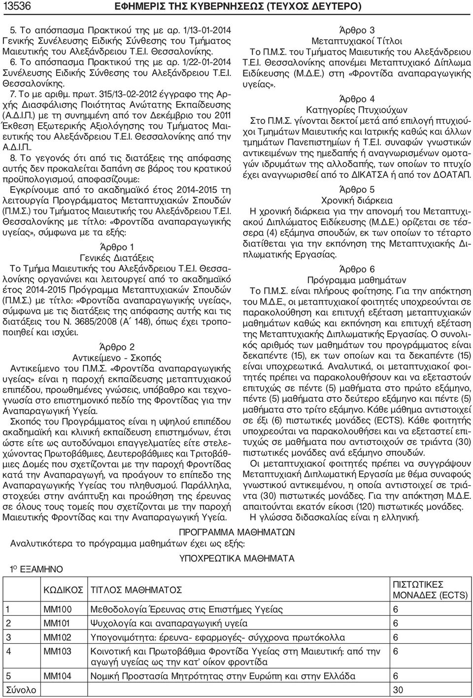 315/13 02 2012 έγγραφο της Αρ χής Διασφάλισης Ποιότητας Ανώτατης Εκπαίδευσης (Α.Δ.Ι.Π.) με τη συνημμένη από τον Δεκέμβριο του 2011 Έκθεση Εξωτερικής Αξιολόγησης του Τμήματος Μαι ευτικής του Αλεξάνδρειου Τ.