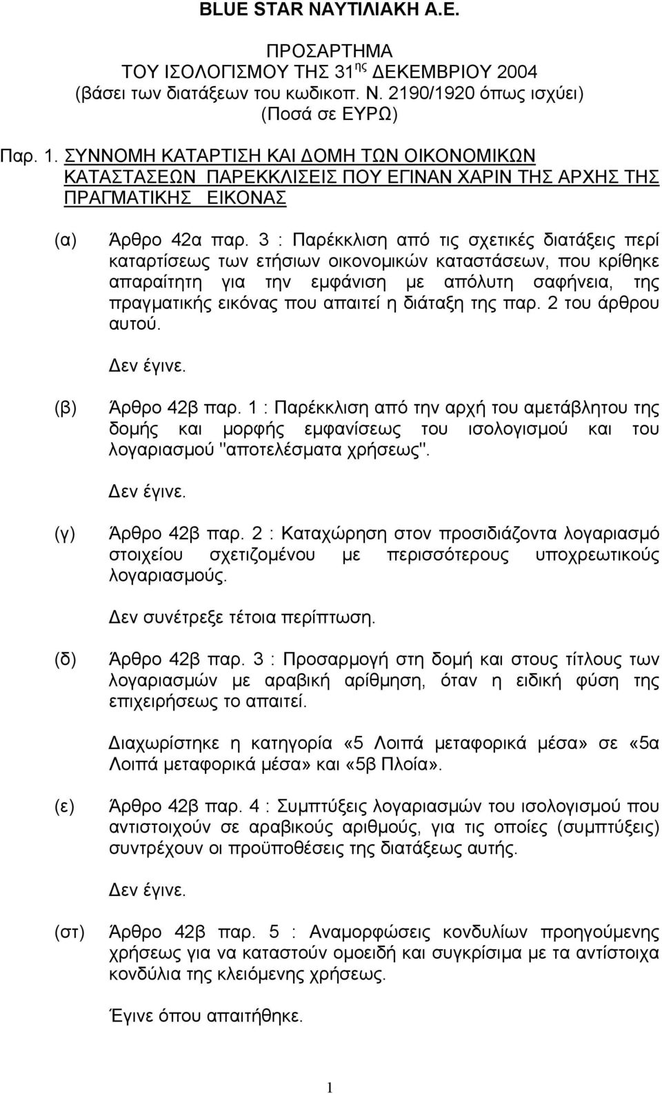 3 : Παρέκκλιση από τις σχετικές διατάξεις περί καταρτίσεως των ετήσιων οικονοµικών καταστάσεων, που κρίθηκε απαραίτητη για την εµφάνιση µε απόλυτη σαφήνεια, της πραγµατικής εικόνας που απαιτεί η