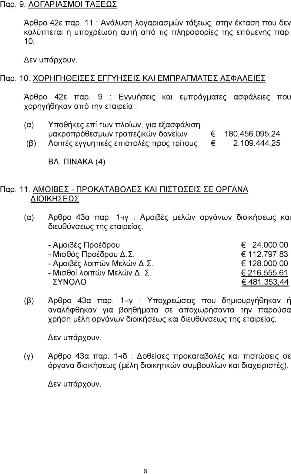 9 : Εγγυήσεις και εµπράγµατες ασφάλειες που χορηγήθηκαν από την εταιρεία : Υποθήκες επί των πλοίων, για εξασφάλιση µακροπρόθεσµων τραπεζικών δανείων 180.456.