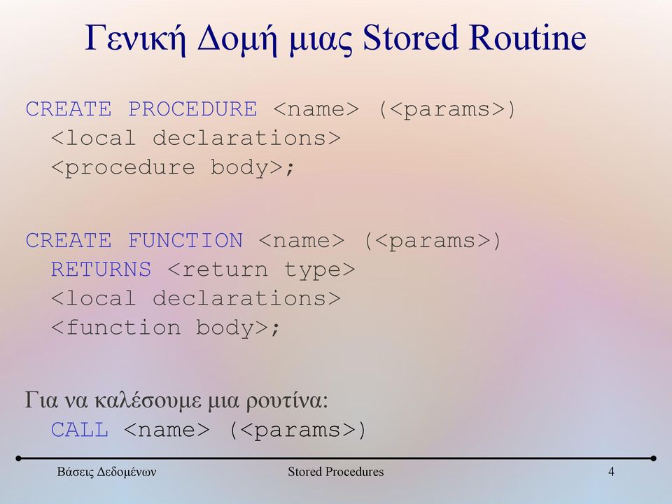 RETURNS <return type> <local declarations> <function body>; Για να