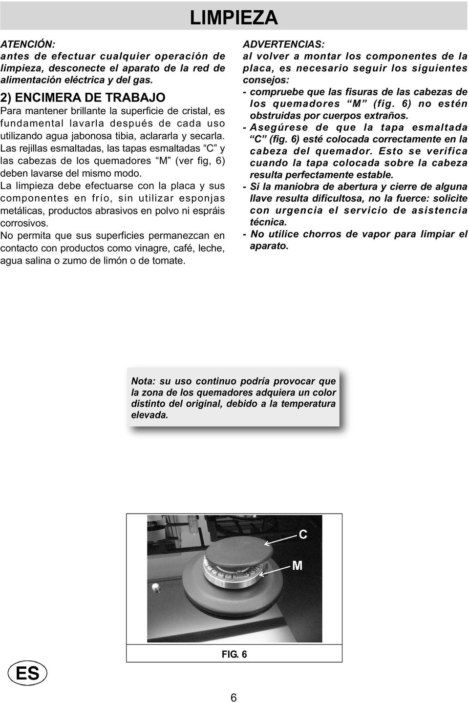 Las rejillas esmaltadas, las tapas esmaltadas C y las cabezas de los quemadores M (ver fig, 6) deben lavarse del mismo modo.