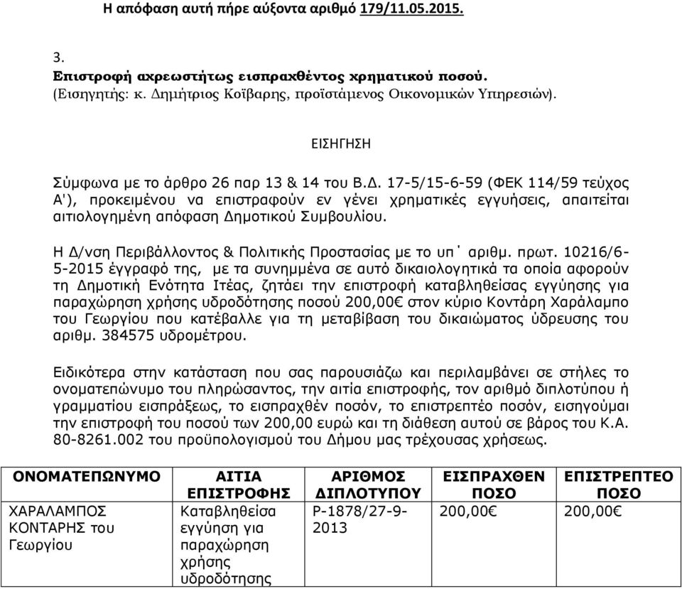 17-5/15-6-59 (ΦΕΚ 114/59 τεύχος Α'), προκειμένου να επιστραφούν εν γένει χρηματικές εγγυήσεις, απαιτείται αιτιολογημένη απόφαση Δημοτικού Συμβουλίου.