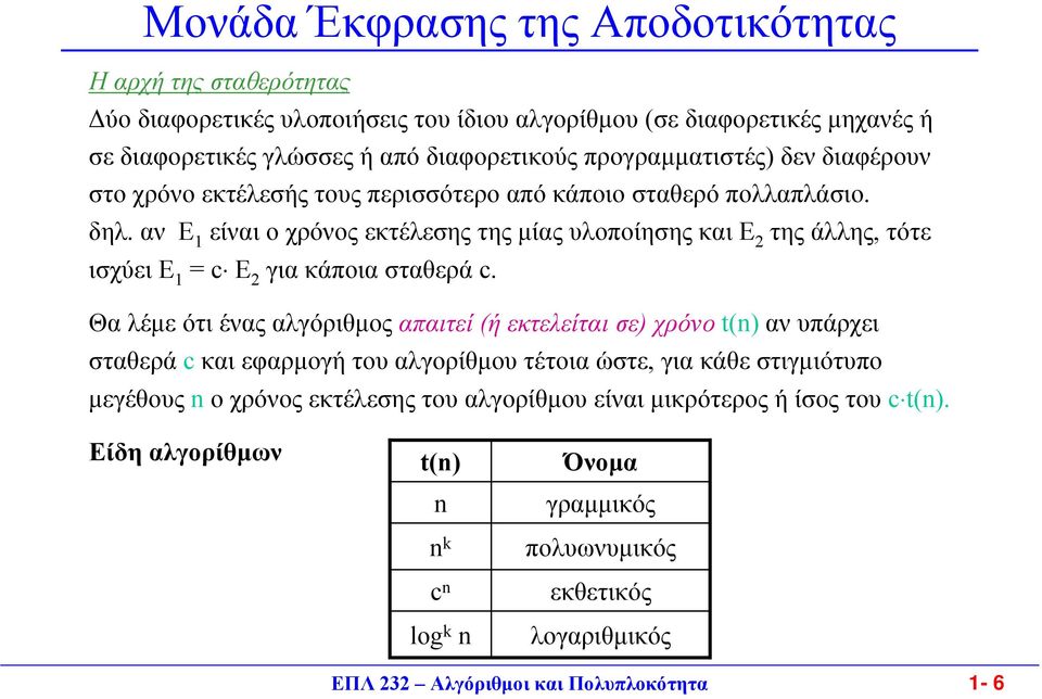 αν E είναι o χρόνος εκτέλεσης της µίας υλοποίησης και E της άλλης, τότε ισχύει E = c E γιακάποιασταθεράc.