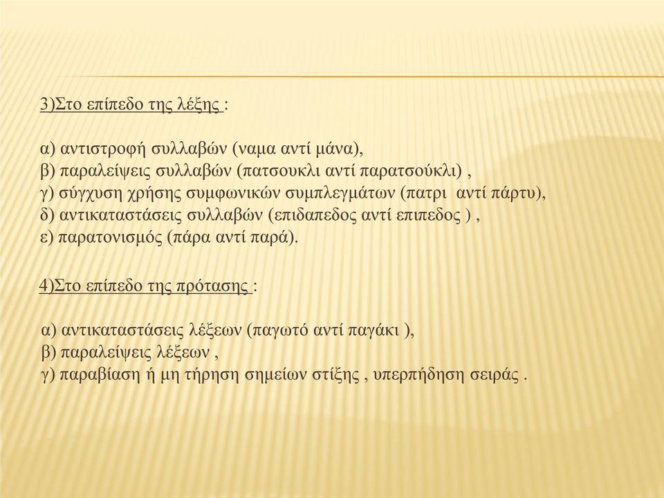 (επιδαπεδος αντί επιπεδος ), ε) παρατονισμός (πάρα αντί παρά).