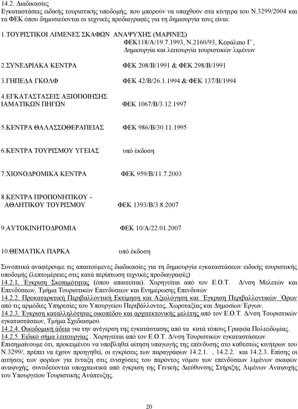 2160/93, Κεφάλαιο Γ, Δημιουργία και λειτουργία τουριστικών λιμένων 2.ΣΥΝΕΔΡΙΑΚΑ ΚΕΝΤΡΑ 3.ΓΗΠΕΔΑ ΓΚΟΛΦ 4.ΕΓΚΑΤΑΣΤΑΣΕΙΣ ΑΞΙΟΠΟΙΗΣΗΣ ΙΑΜΑΤΙΚΩΝ ΠΗΓΩΝ ΦΕΚ 208/Β/1991 & ΦΕΚ 298/Β/1991 ΦΕΚ 42/Β/26.1.1994 & ΦΕΚ 137/Β/1994 ΦΕΚ 1067/Β/3.