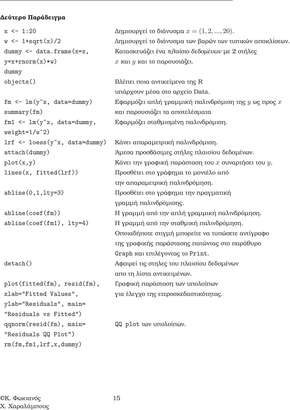 fm <- lm(y~x, data=dummy) Εφαρµόζει απλή γραµµική παλινδρόµιση της y ως προς x summary(fm) και παρουσιάζει τα αποτελέσµατα fm <- lm(y~x, data=dummy, Εφαρµόζει σταθµισµένη παλινδρόµιση.