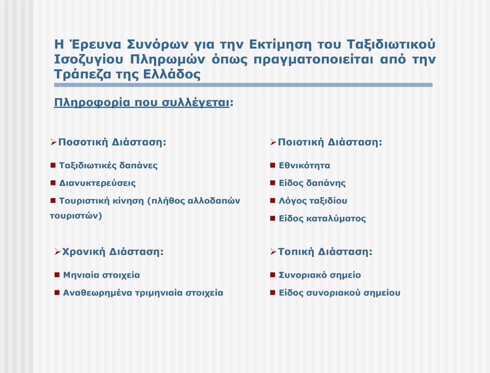 (πλήθος αλλοδαπών τουριστών) Ποιοτική Διάσταση: Εθνικότητα Είδος δαπάνης Λόγος ταξιδίου Είδος καταλύματος Χρονική