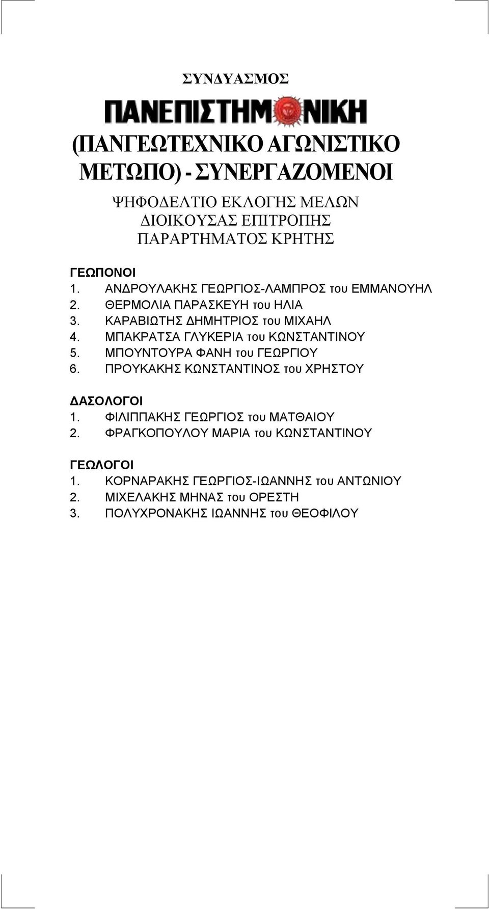 ΜΠΑΚΡΑΤΣΑ ΓΛΥΚΕΡΙΑ του ΚΩΝΣΤΑΝΤΙΝΟΥ 5. ΜΠΟΥΝΤΟΥΡΑ ΦΑΝΗ του ΓΕΩΡΓΙΟΥ 6. ΠΡΟΥΚΑΚΗΣ ΚΩΝΣΤΑΝΤΙΝΟΣ του ΧΡΗΣΤΟΥ ΔΑΣΟΛΟΓΟΙ 1.