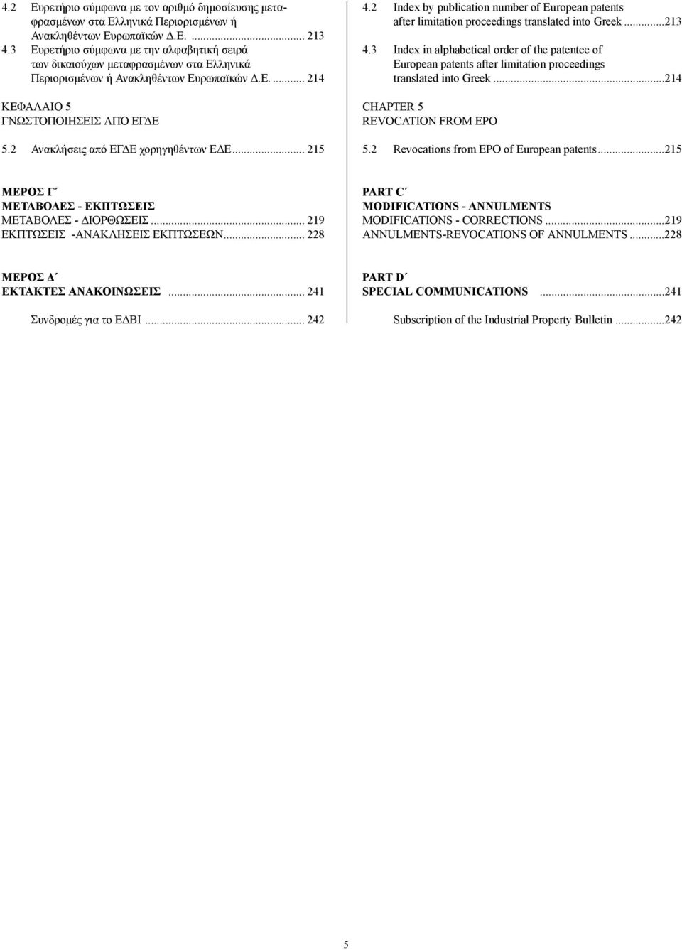 2 Ανακλήσεις από ΕΓ Ε χορηγηθέντων Ε Ε... 215 4.2 Index by publication number of European patents after limitation proceedings translated into Greek...213 4.