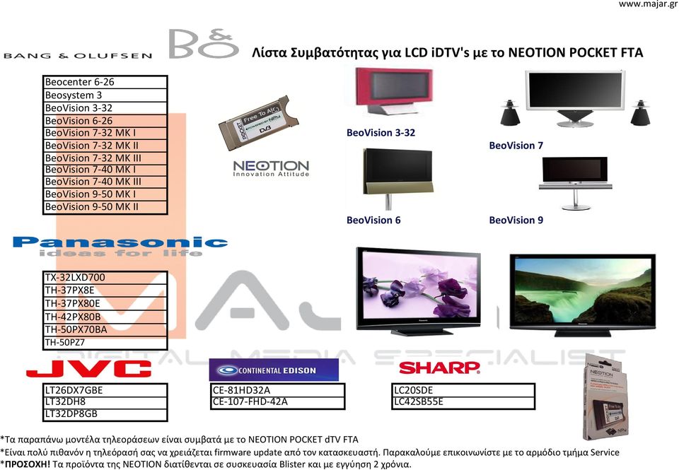 LT32DP8GB CE-81HD32A CE-107-FHD-42A LC20SDE LC42SB55E *Τα παραπάνω μοντζλα τθλεοράςεων είναι ςυμβατά με το NEOTION POCKET dtv FTA *Είναι πολφ πικανόν θ τθλεόραςι ςασ να