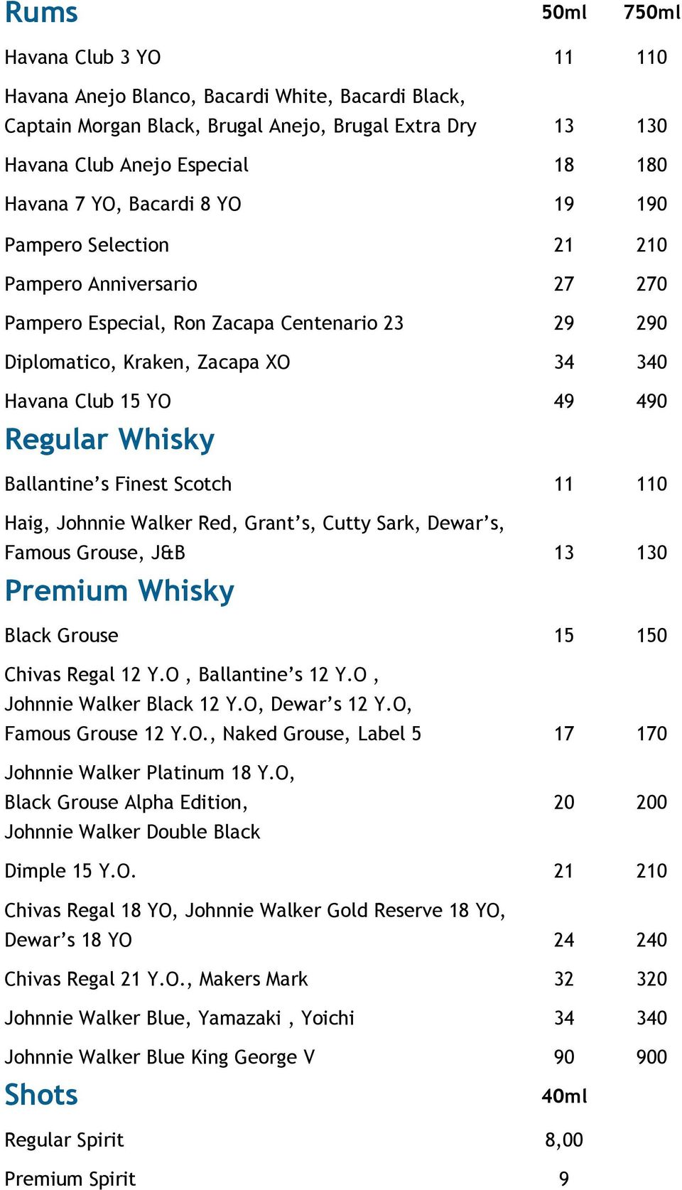 Whisky Ballantine s Finest Scotch 11 110 Haig, Johnnie Walker Red, Grant s, Cutty Sark, Dewar s, Famous Grouse, J&B 13 130 Premium Whisky Black Grouse 15 150 Chivas Regal 12 Y.O, Ballantine s 12 Y.
