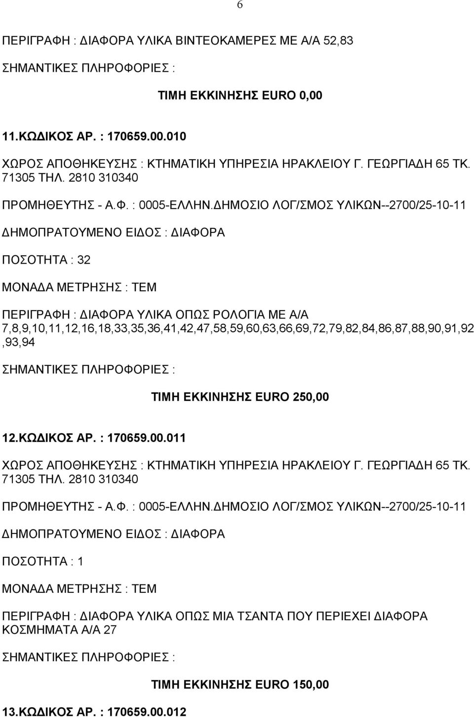ΔΗΜΟΣΙΟ ΛΟΓ/ΣΜΟΣ ΥΛΙΚΩΝ--2700/25-10-11 ΠΟΣΟΤΗΤΑ : 32 ΠΕΡΙΓΡΑΦΗ : ΔΙΑΦΟΡΑ ΥΛΙΚΑ ΟΠΩΣ ΡΟΛΟΓΙΑ ΜΕ Α/Α 7,8,9,10,11,12,16,18,33,35,36,41,42,47,58,59,60,63,66,69,72,79,82,84,86,87,88,90,91,92,93,94