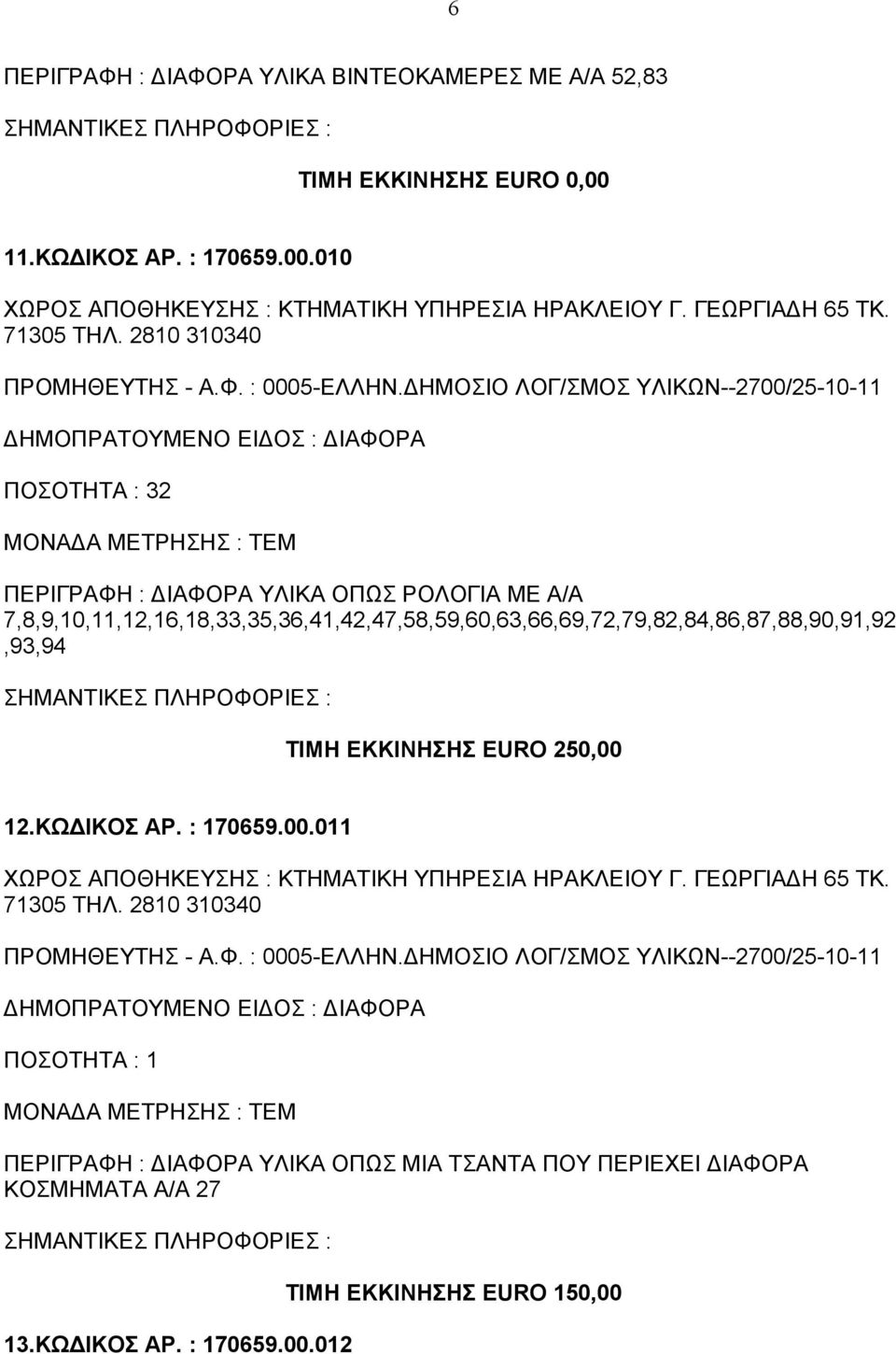 ΔΗΜΟΣΙΟ ΛΟΓ/ΣΜΟΣ ΥΛΙΚΩΝ--2700/25-10-11 ΠΟΣΟΤΗΤΑ : 32 ΠΕΡΙΓΡΑΦΗ : ΔΙΑΦΟΡΑ ΥΛΙΚΑ ΟΠΩΣ ΡΟΛΟΓΙΑ ΜΕ Α/Α 7,8,9,10,11,12,16,18,33,35,36,41,42,47,58,59,60,63,66,69,72,79,82,84,86,87,88,90,91,92,93,94