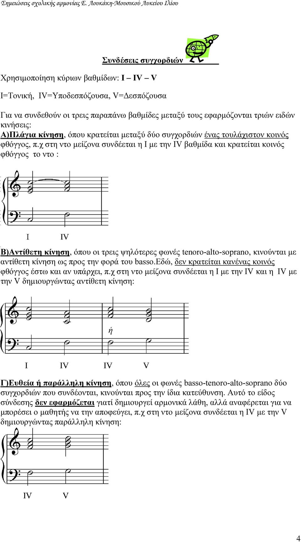 χ στη ντο µείζονα συνδέεται η I µε την IV βαθµίδα και κρατείται κοινός φθόγγος το ντο : Β)Αντίθετη κίνηση, όπου οι τρεις ψηλότερες φωνές tenoro-alto-soprano, κινούνται µε αντίθετη κίνηση ως προς την