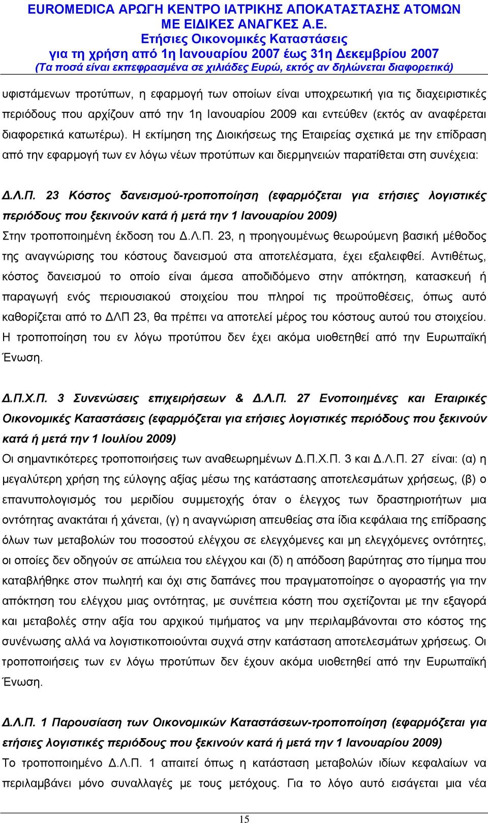 23 Κόστος δανεισμού-τροποποίηση (εφαρμόζεται για ετήσιες λογιστικές περιόδους που ξεκινούν κατά ή μετά την 1 Ιανουαρίου 2009) Στην τροποποιημένη έκδοση του Δ.Λ.Π.