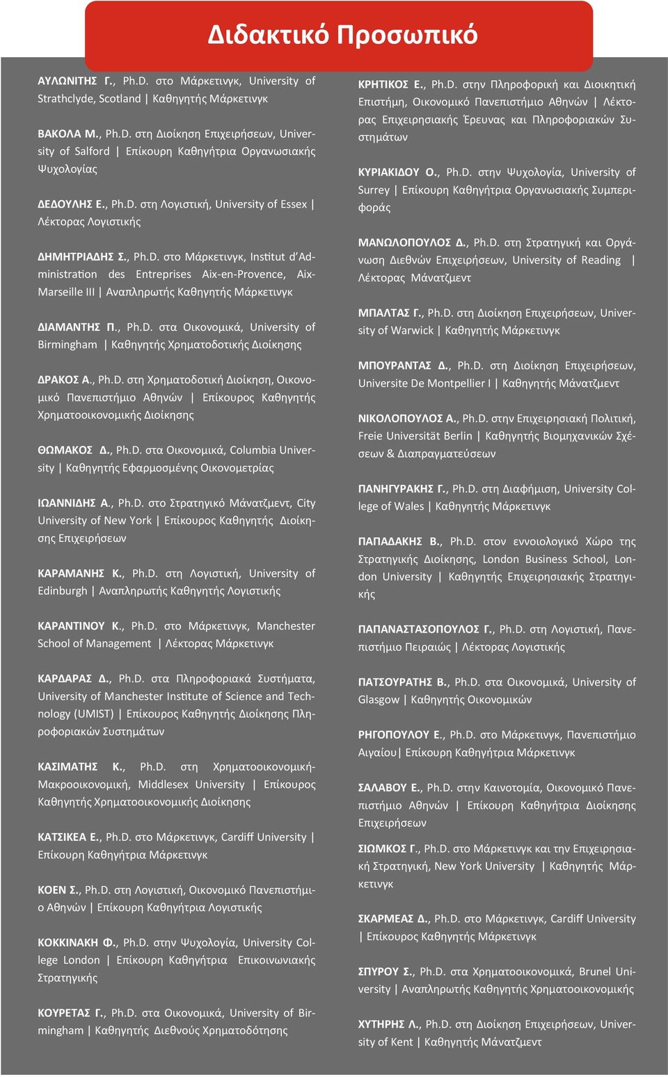 , Ph.D. στα Οικονομικά, University of Birmingham Καθηγητής Χρηματοδοτικής Διοίκησης ΔΡΑΚΟΣ Α., Ph.D. στη Χρηματοδοτική Διοίκηση, Οικονομικό Πανεπιστήμιο Αθηνών Επίκουρος Καθηγητής Χρηματοοικονομικής Διοίκησης ΘΩΜΑΚΟΣ Δ.