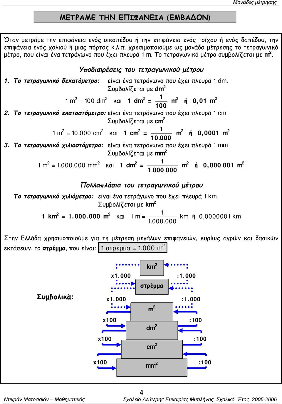 Συμβολίζεται με dm 2 1 m 2 = 100 dm 2 και 1 dm 2 = 1 100 m2 ή 0,01 m 2 2. Το τετραγωνικό εκατοστόμετρο: είναι ένα τετράγωνο που έχει πλευρά 1 cm Συμβολίζεται με cm 2 1 m 2 = 10.