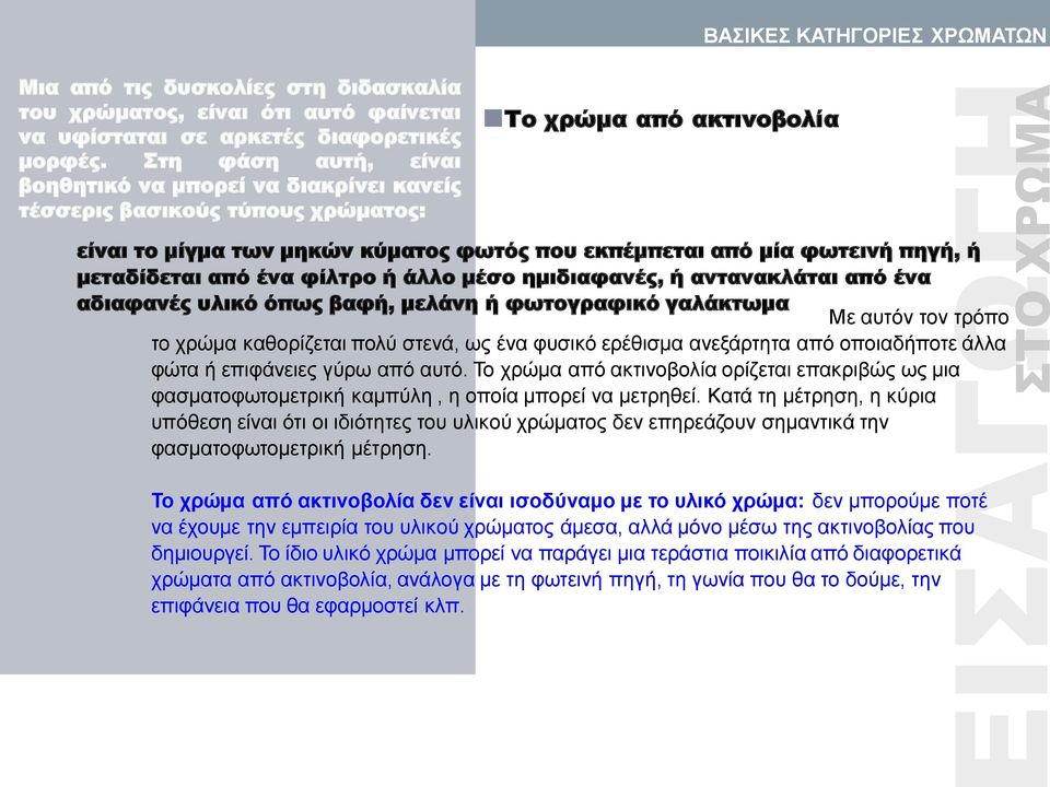 κύματος φωτός που εκπέμπεται από μία φωτεινή πηγή, ή μεταδίδεται από ένα φίλτρο ή άλλο μέσο ημιδιαφανές, ή αντανακλάται από ένα αδιαφανές υλικό όπως βαφή, μελάνη ή φωτογραφικό γαλάκτωμα Με αυτόν τον