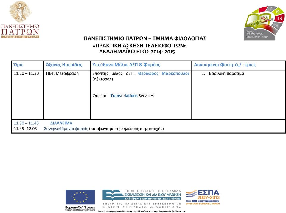 30 ΠΕ4: Μετάφραση Επόπτης μέλος ΔΕΠ: Θεόδωρος Μαρκόπουλος (Λέκτορας) Φορέας: Transrelations