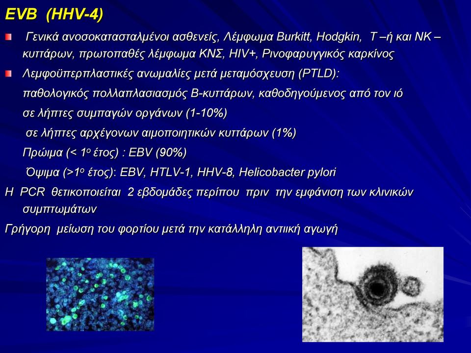 συμπαγών οργάνων (1-10%) σε λήπτες αρχέγονων αιμοποιητικών κυττάρων (1%) Πρώιμα (< 1 ο έτος) : EBV (90%) Όψιμα (>1 ο έτος): EBV, HTLV-1, HHV-8,